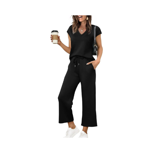 V-Neck Wide-Leg Two-Piece Co-ord Set – Black