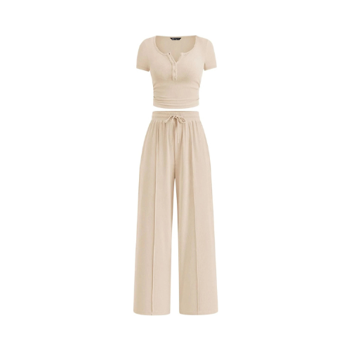 Ribbed Crop Top & Wide-Leg Trouser Set – Beige