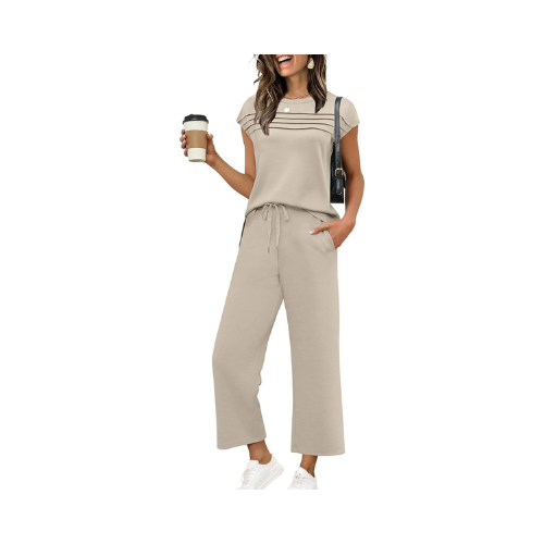 Cap-Sleeve Top & Wide-Leg Trouser Set – Beige