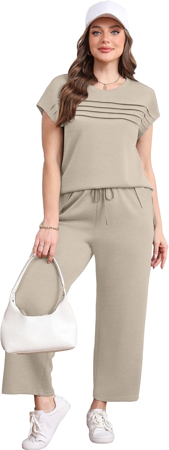 Spurtable beige cap-sleeve top and wide-leg trouser set