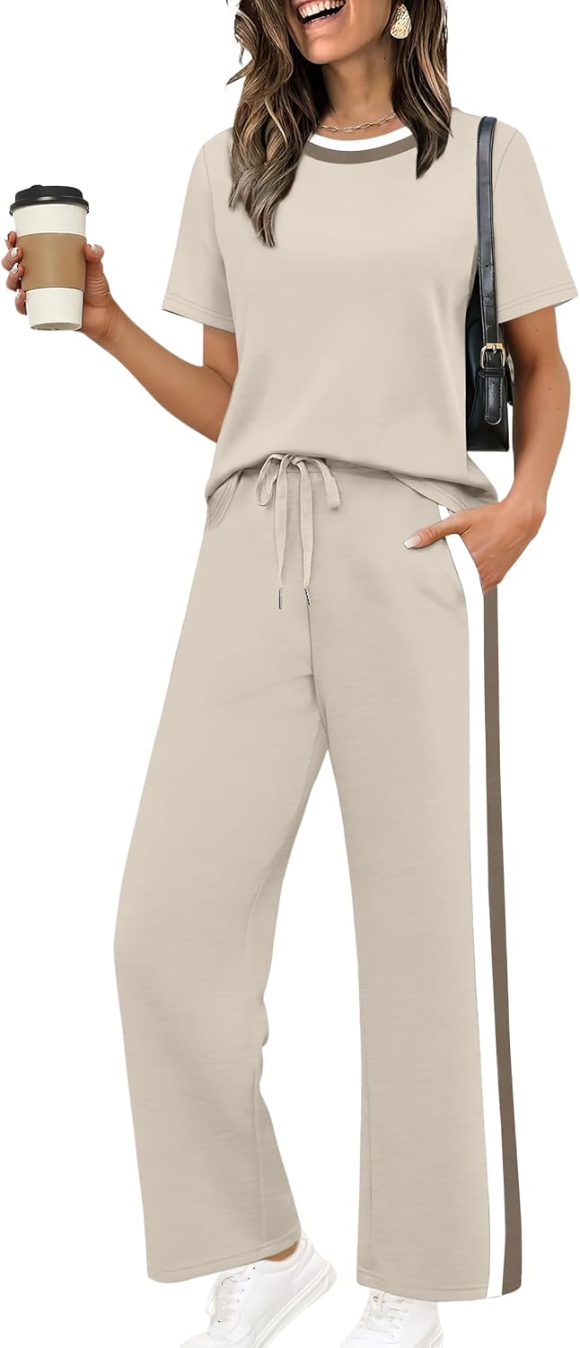 Spurtable apricot short-sleeve top and pocket trouser set