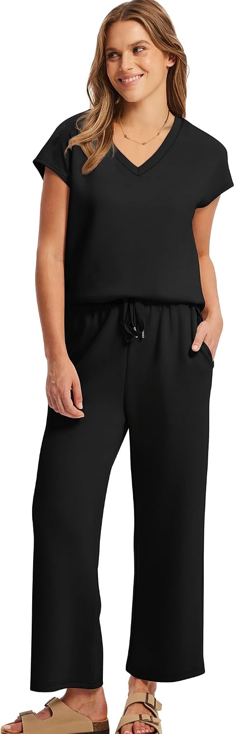 Spurtable black V-neck top and wide-leg trouser co-ord set