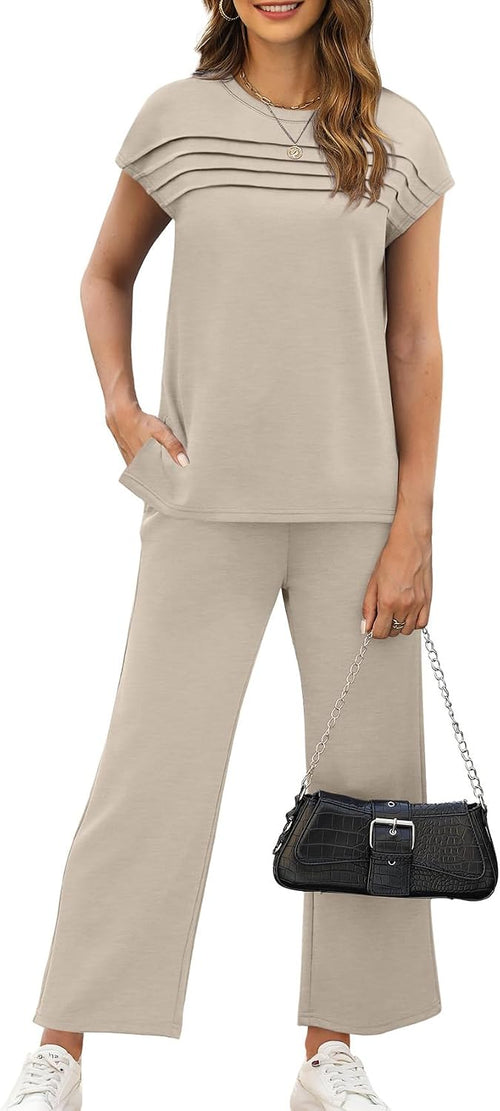 Spurtable beige cap-sleeve top and wide-leg trouser set