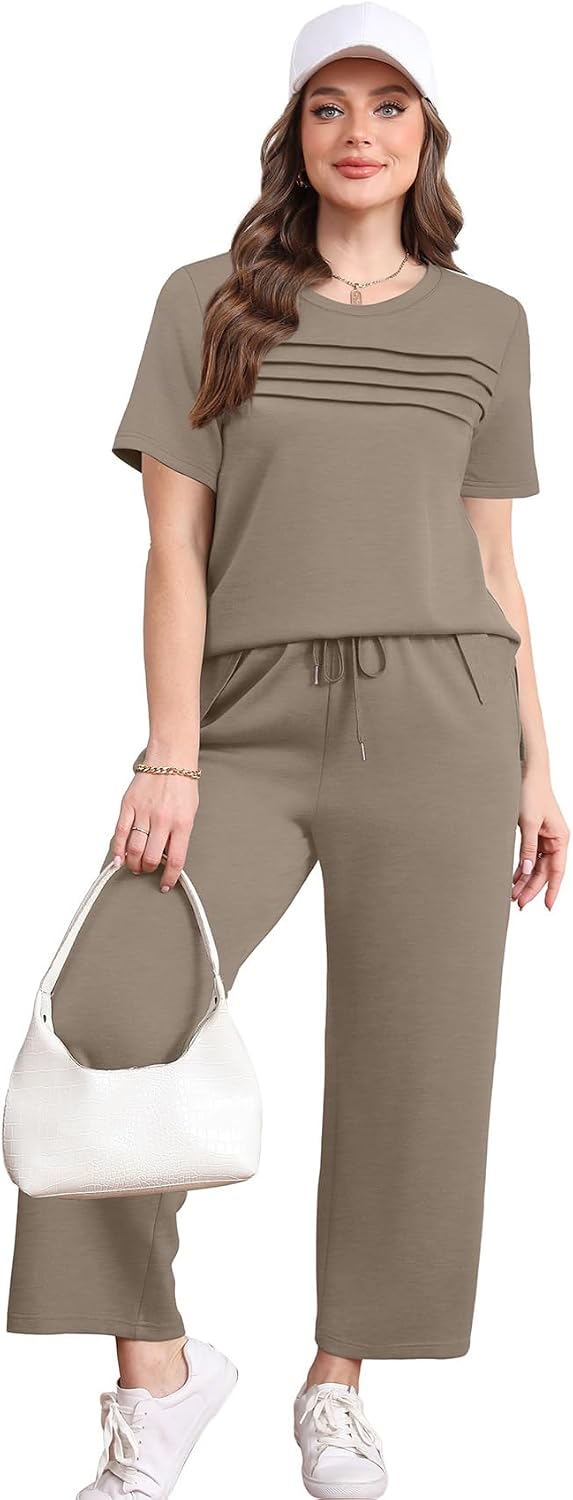Spurtable coffee side-slit top and wide-leg trouser set