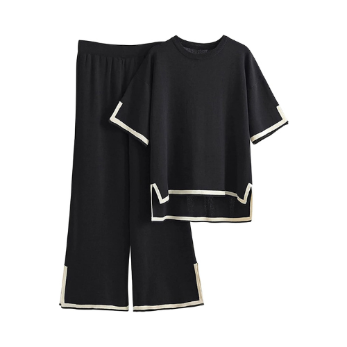 Knitted Top & Wide-Leg Trouser Set – Black