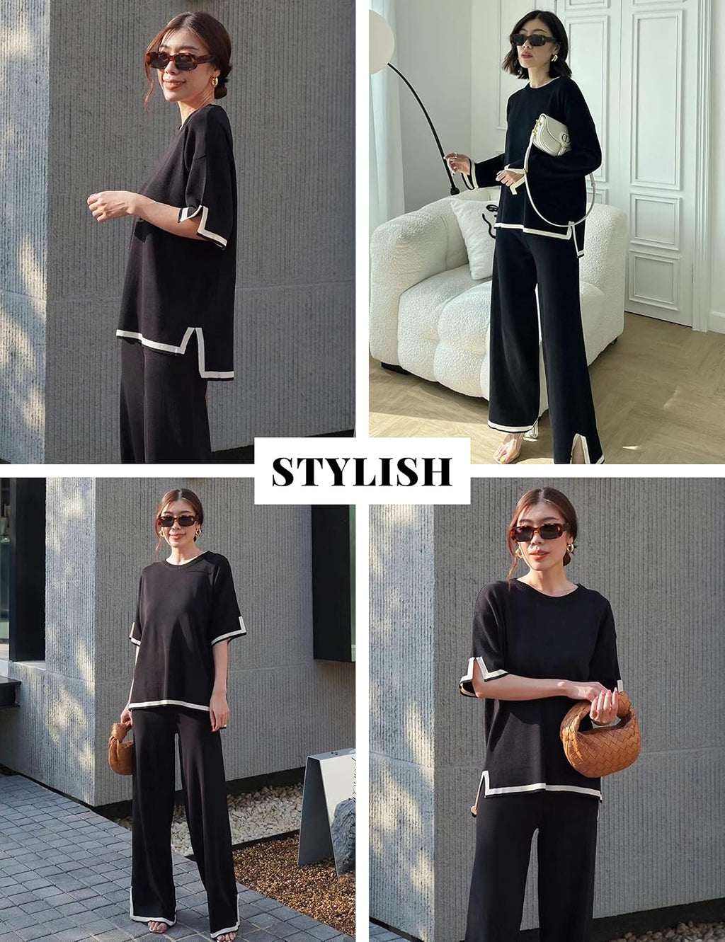 Spurtable black knitted top and wide-leg trouser set