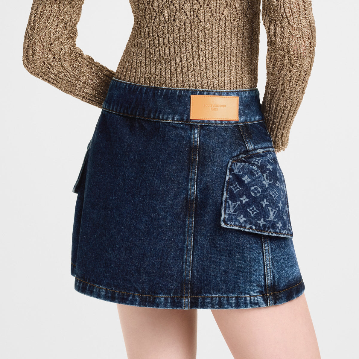 Monogram Accent Raw Denim Mini Skirt